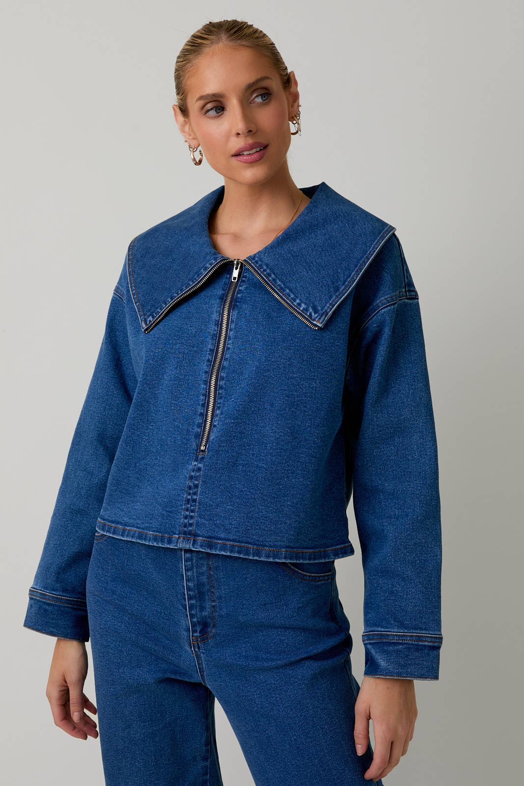 PETER PAN COLLAR LONG SLEEVE ZIP-UP DENIM TOP: DENIM / M