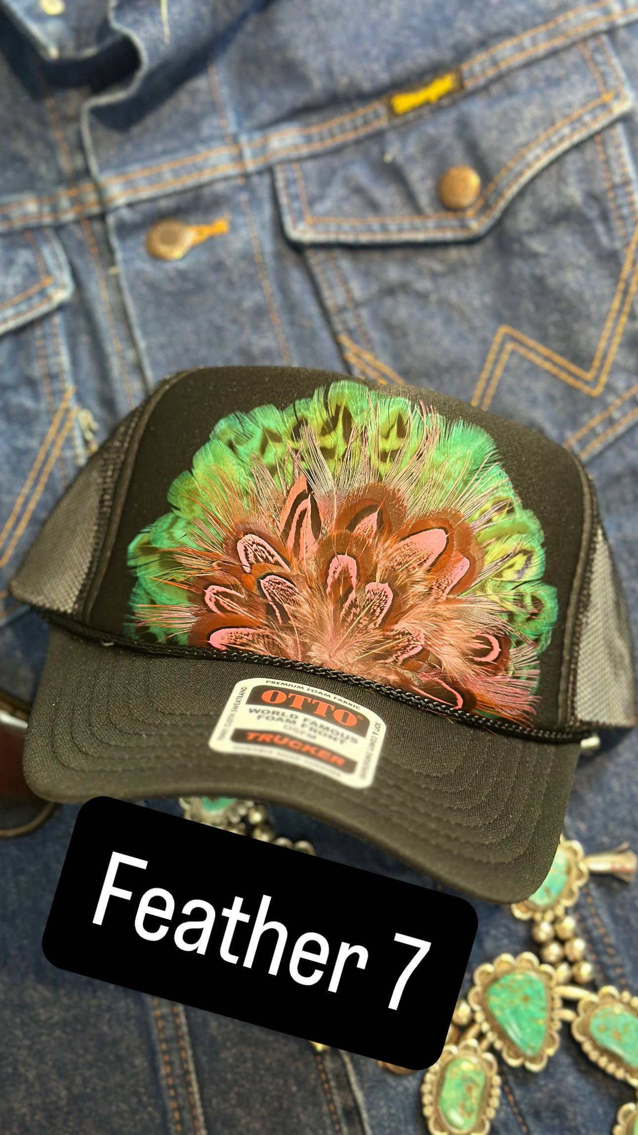 BLACK FEATHER TRUCKER HAT: With Faux Turquoise / Feather 1