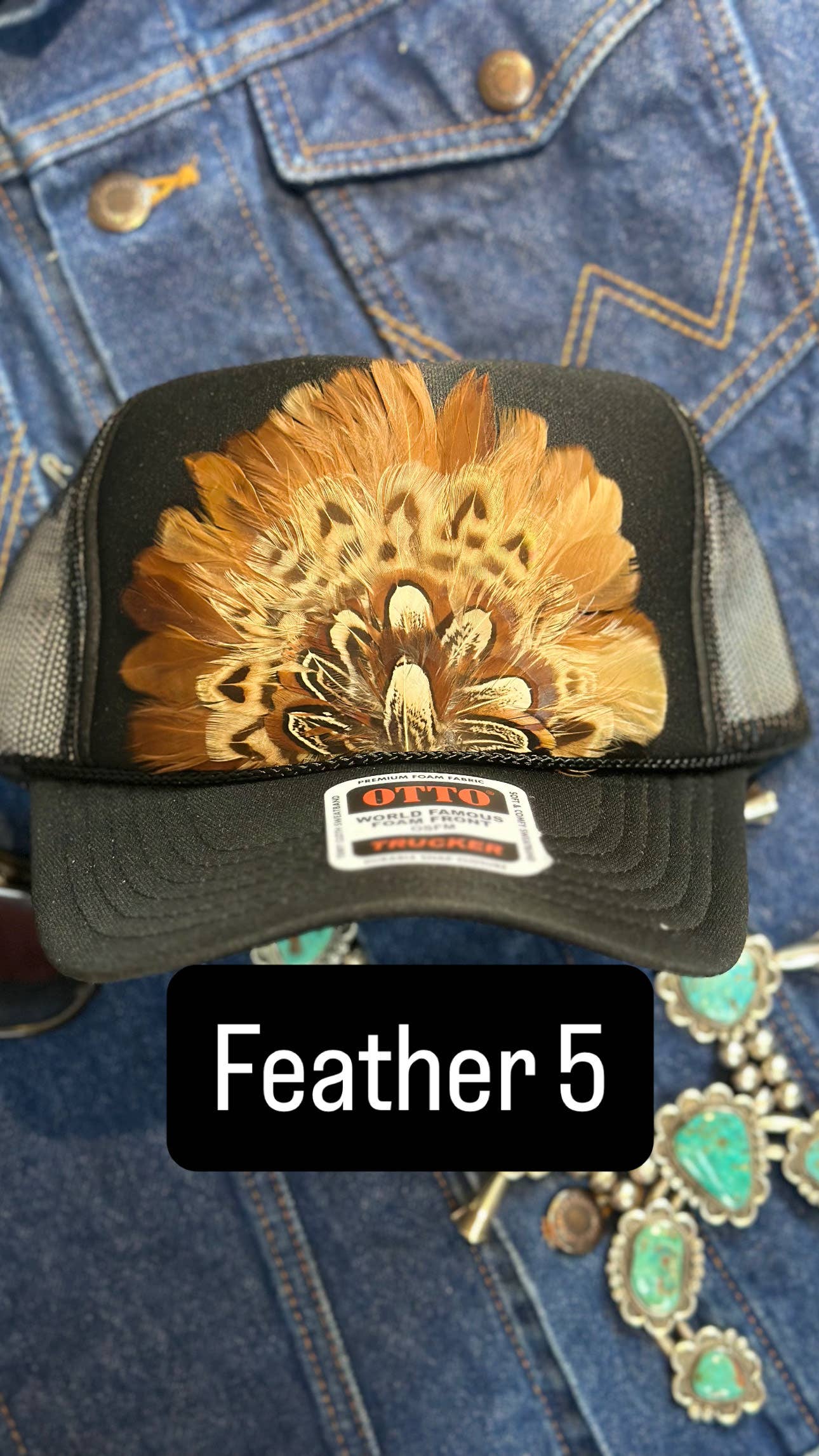 BLACK FEATHER TRUCKER HAT: With Faux Turquoise / Feather 1