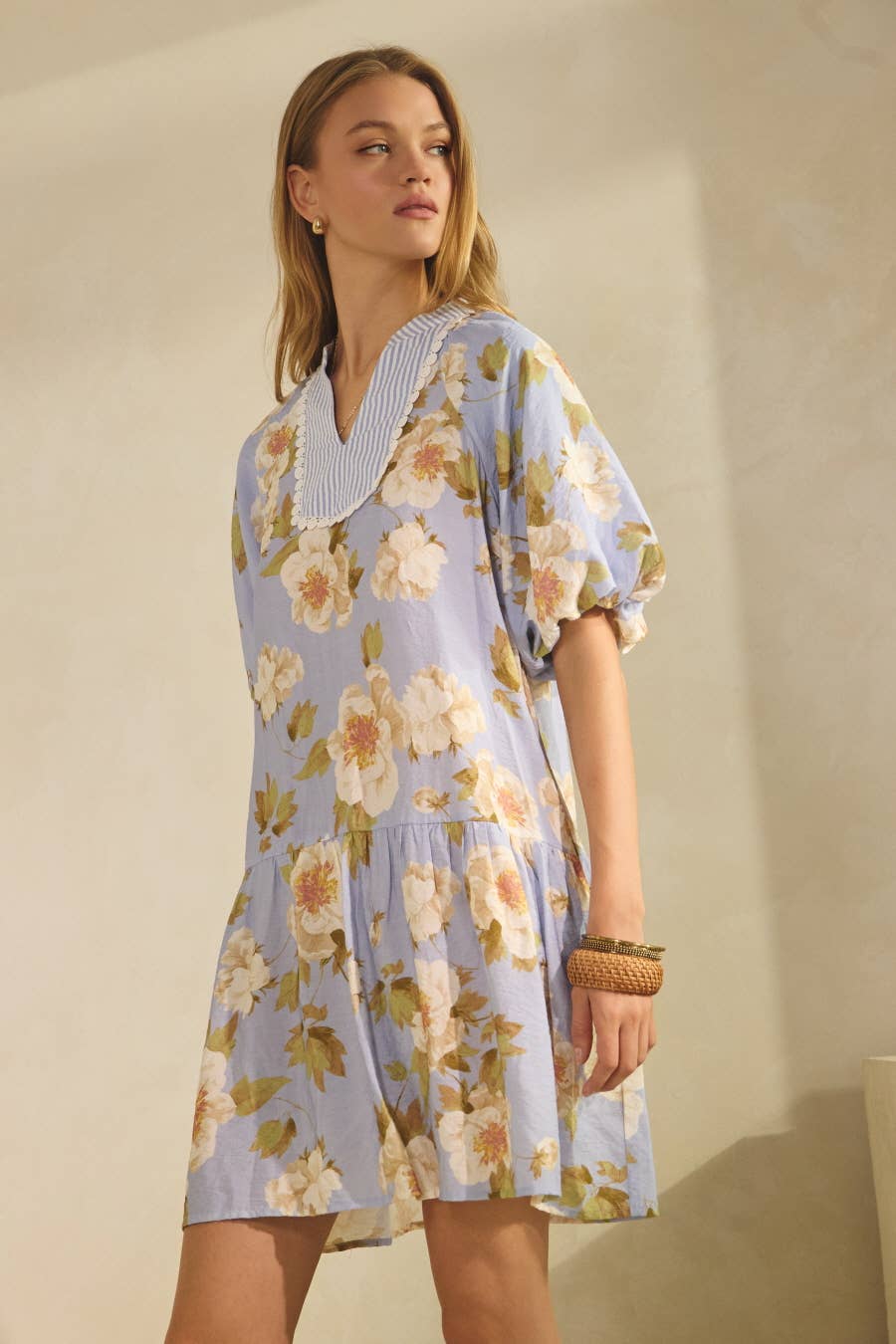 Floral Printed Mini Dress: Periwinkle Multi / M