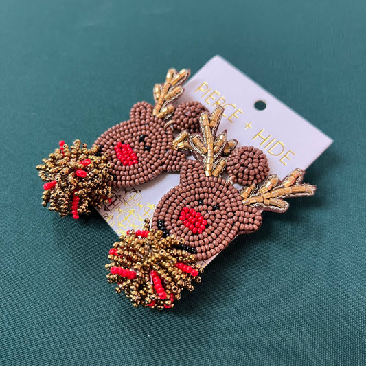 Rudolf Beaded Pom Earrings| Christmas Earrings| Holiday Earrings