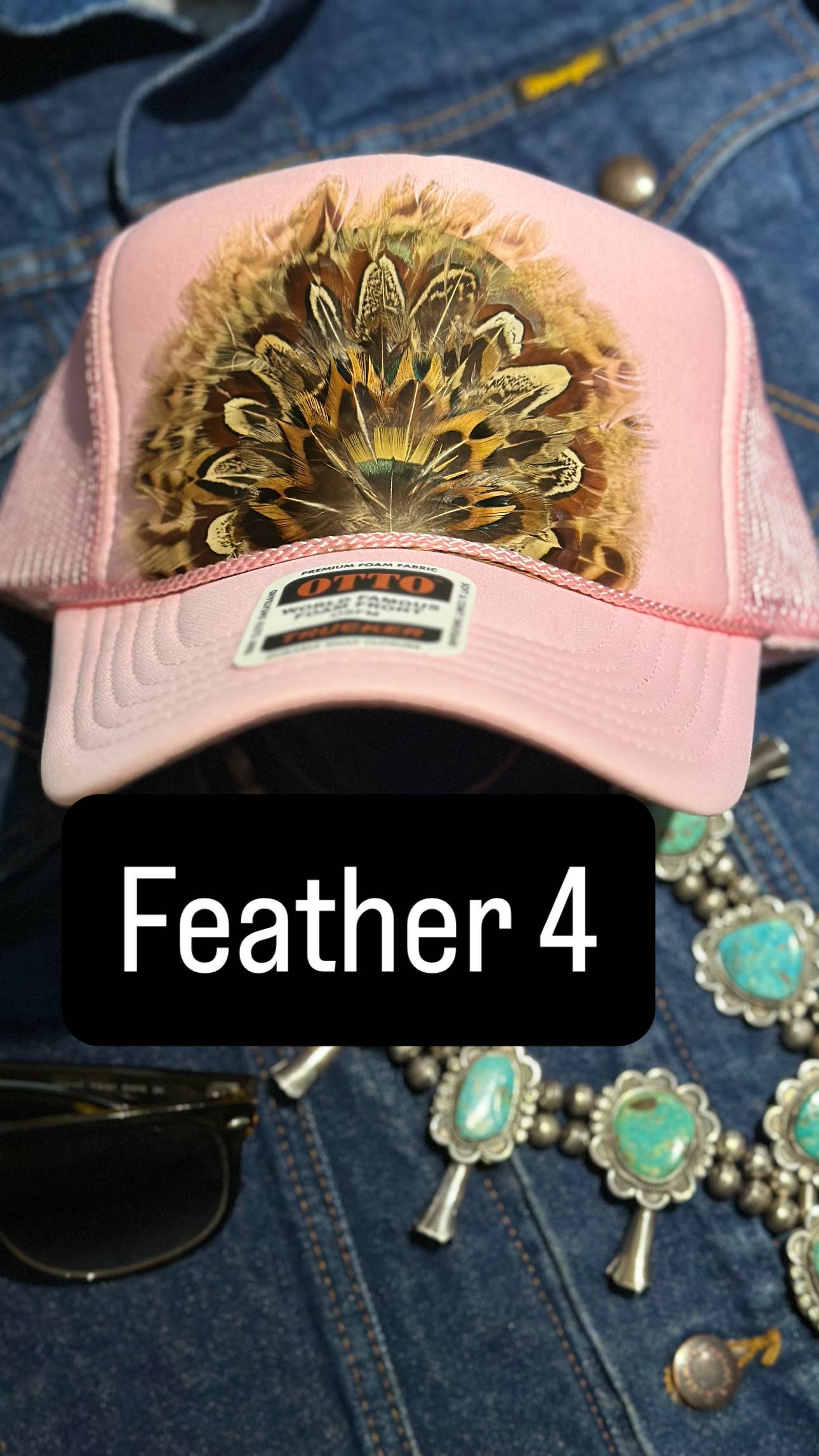 LIGHT PINK FEATHER TRUCKER HAT: No Faux Turquoise / Feather 9