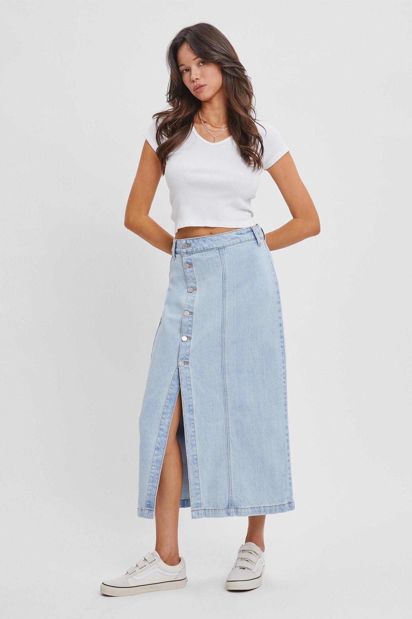 High Rise Denim Midi Skirt with Button Up Slit [WV59181SLT]: M