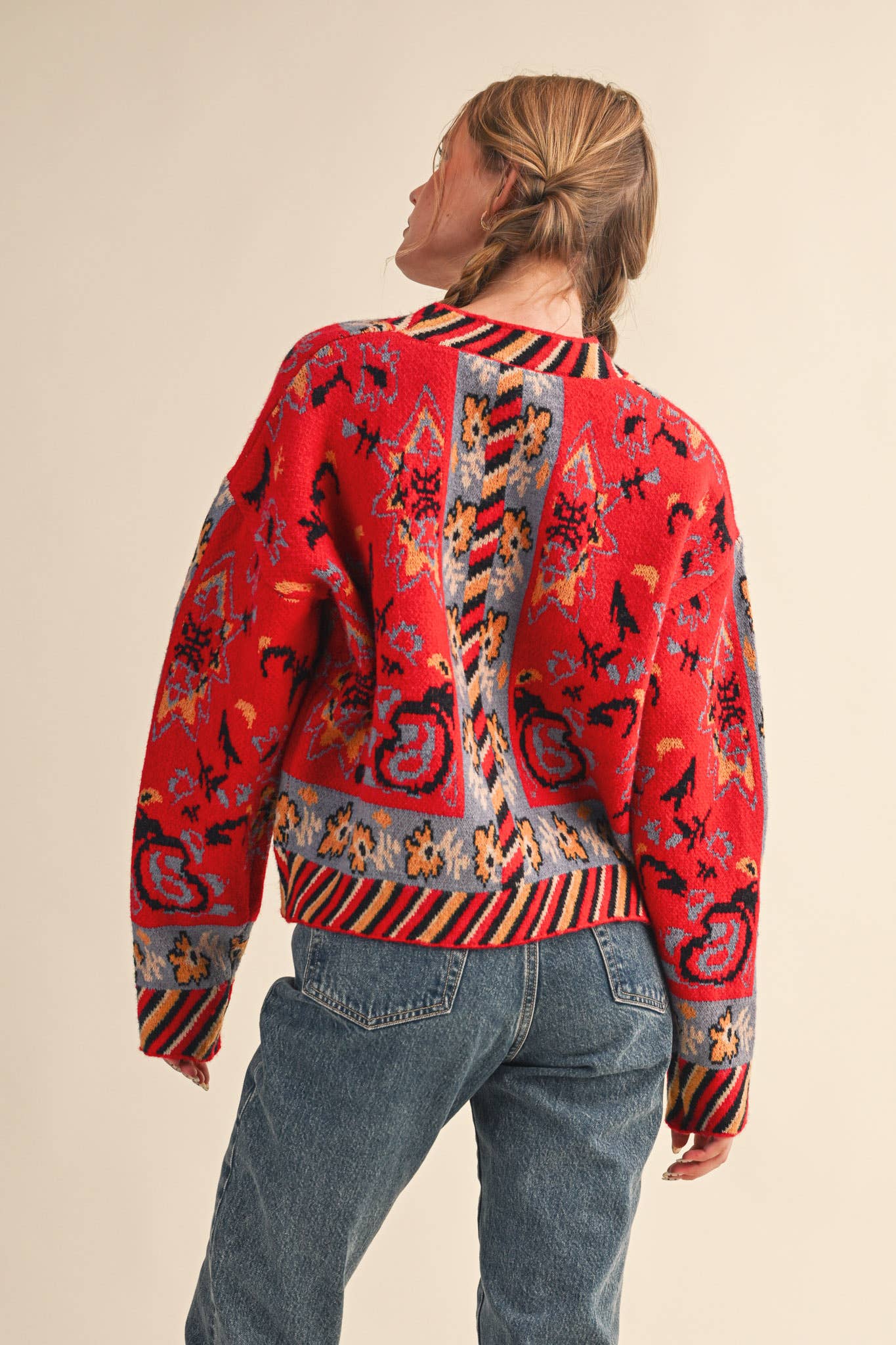 PAISLEY KNIT SWEATER CARDIGAN MSW11102: Ivory Coral Multi / S