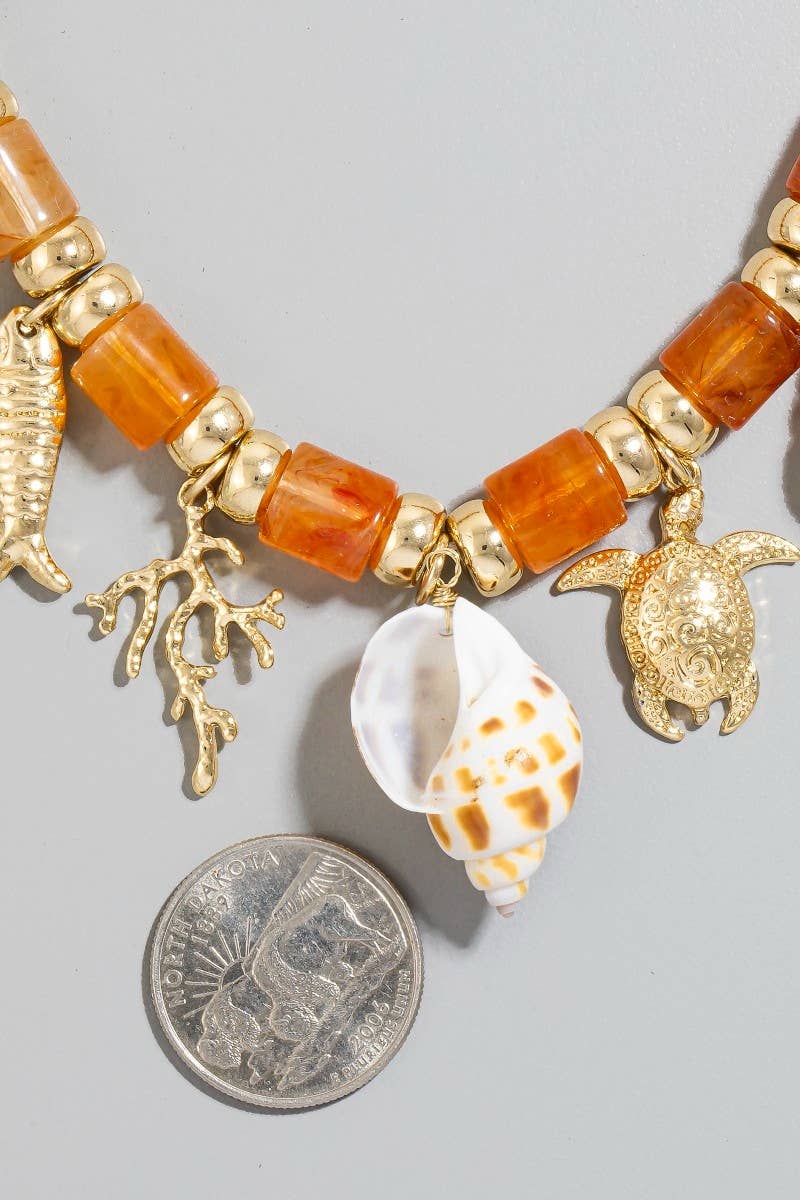 Sea Life And Pearl Charms Stone Beaded Necklace: GDIVY