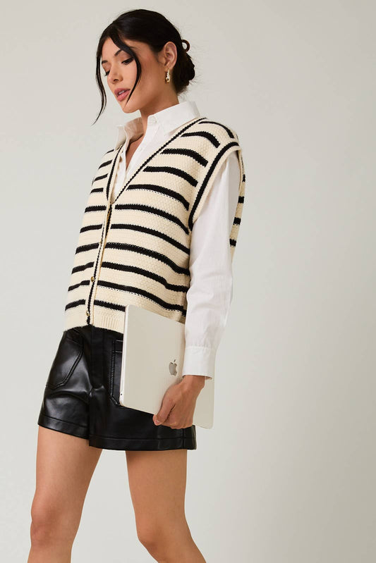 V-NECK BUTTON DOWN SLEEVELESS STRIPE SWEATER VEST: WHITE-BLACK STRIPE / M