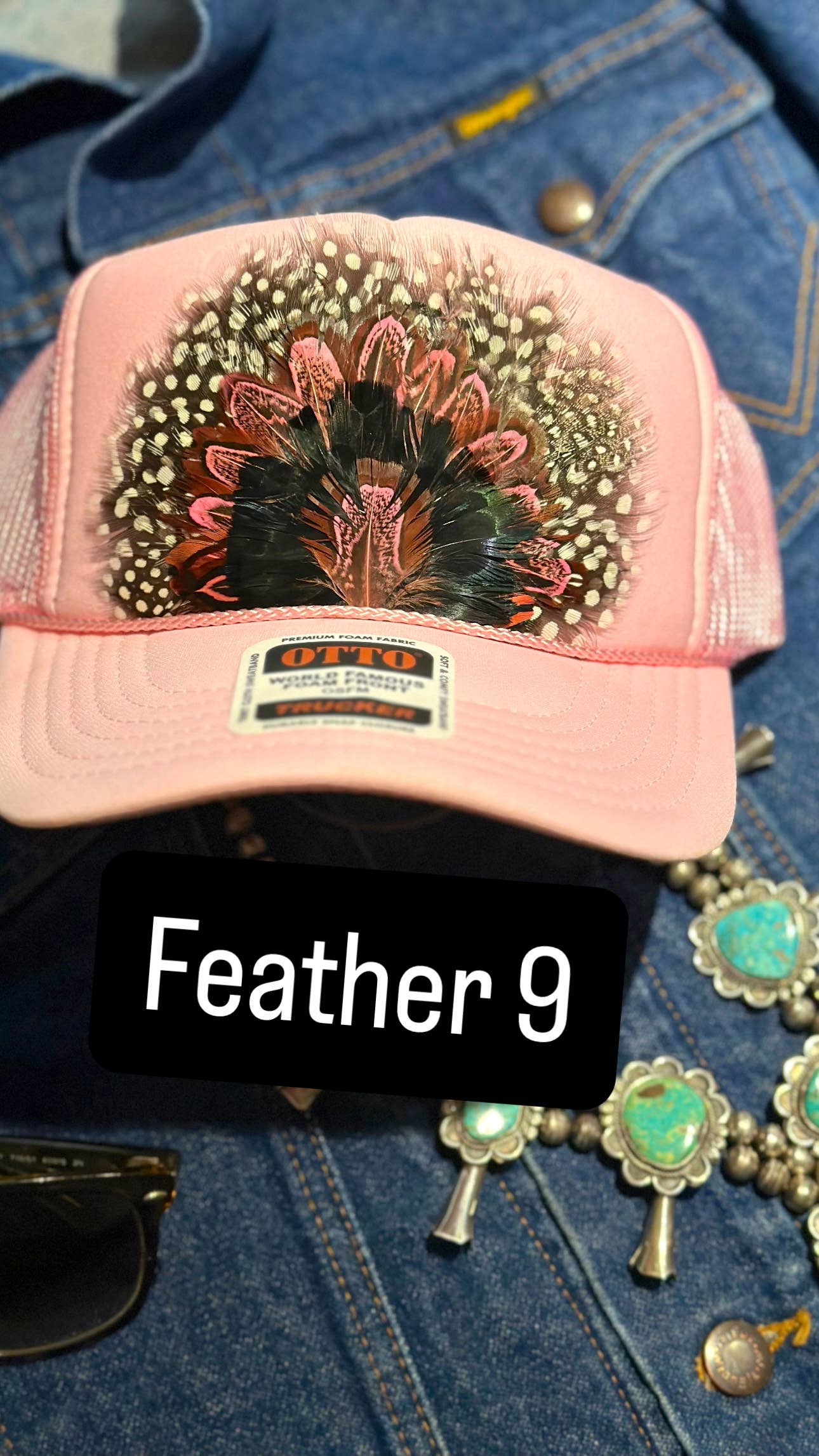 LIGHT PINK FEATHER TRUCKER HAT: No Faux Turquoise / Feather 9