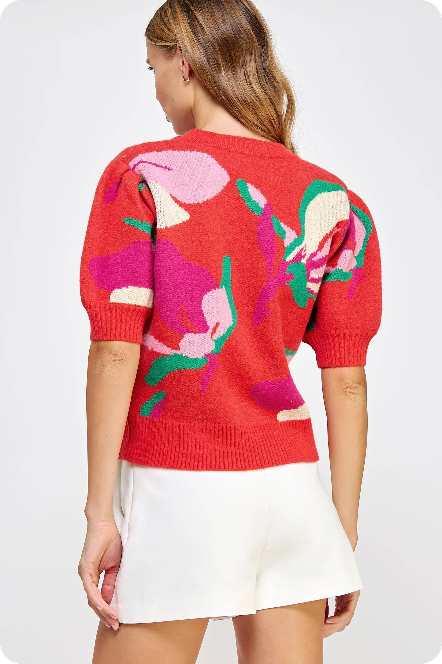 Floral Pattern Short Sleeve Knit Top: Spicy Orange Multi / L