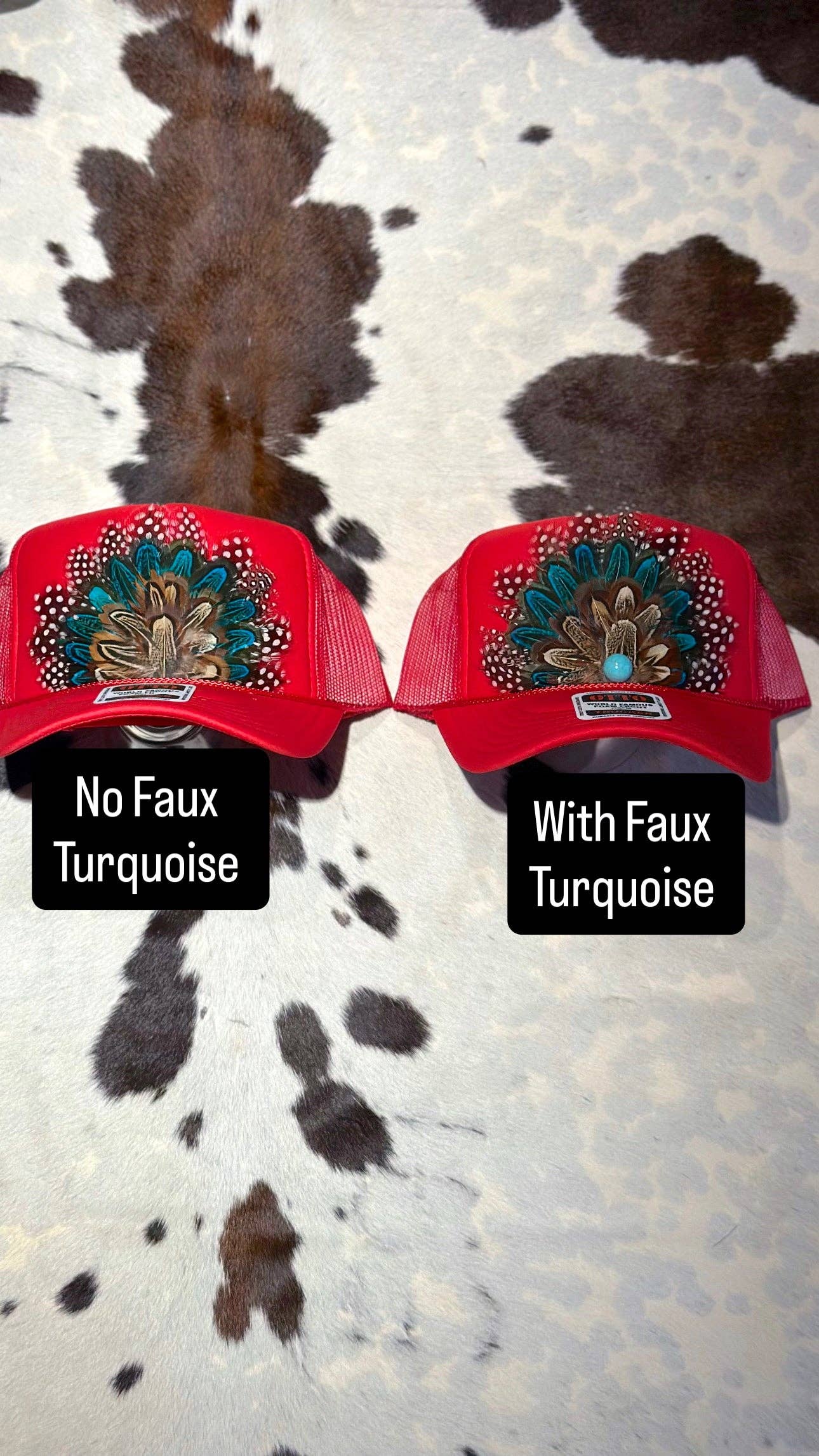 RED FEATHER TRUCKER HAT: No Faux Turquoise / Feather 1