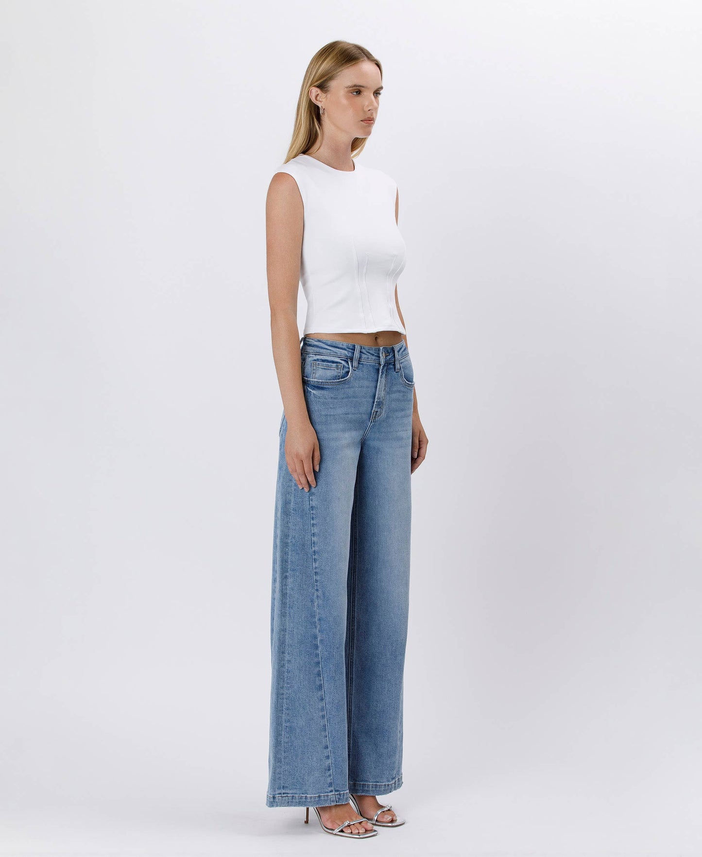HIGH RISE SEAM DETAIL PALAZZO JEANS V3608: ENTHUSE / 30