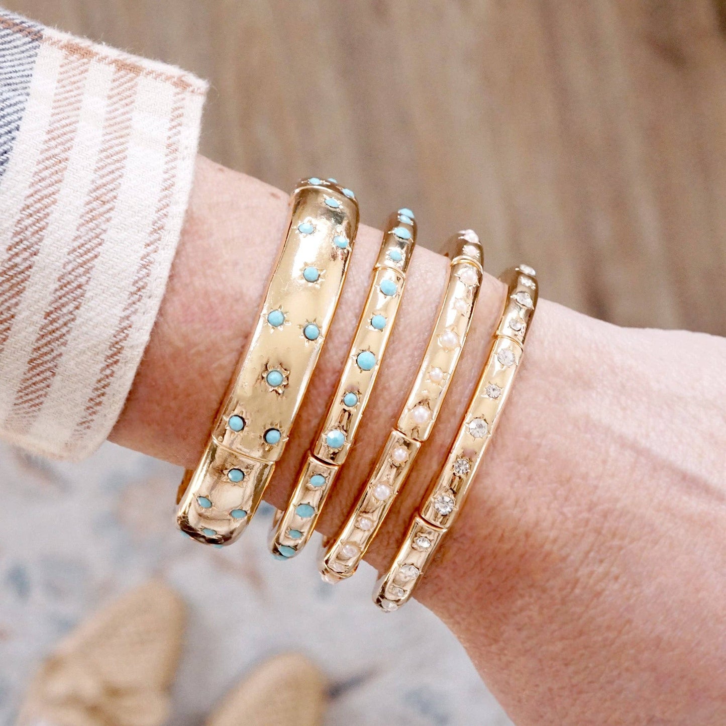 Gold-Tone Eternity Stretch Bangle – Pearls, Turquoise, or Crystals: Wide - Turquoise