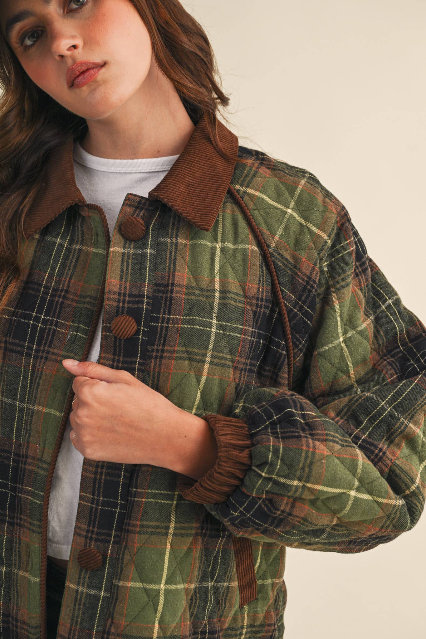 PLAID QUILTED JACKET WITH CONTRAST CORDUROY DETAIL MJK4115: Olive Multi Plaid / M