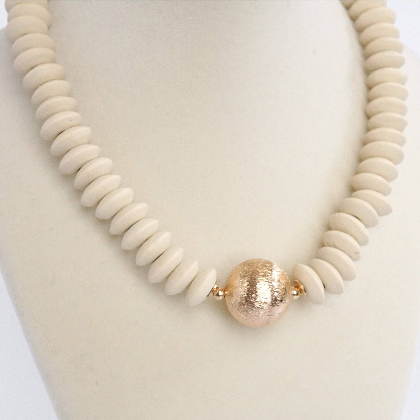 Wood Saucer Beads Short Statement Necklace Gold center Hot Pink Beige: Beige