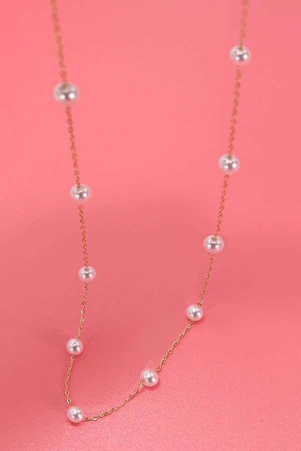 TITANIUM  STEEL NON-TARNISH PEARL STATION NECKLACE | 40NK334: Gold