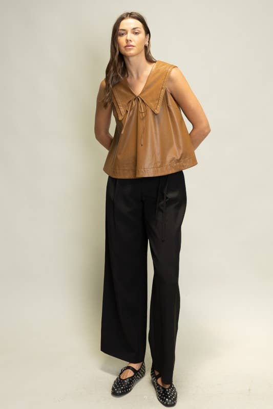 SOT1241 Faux Leather Sailor Collar Top: Black / S-M-L (2-2-2)