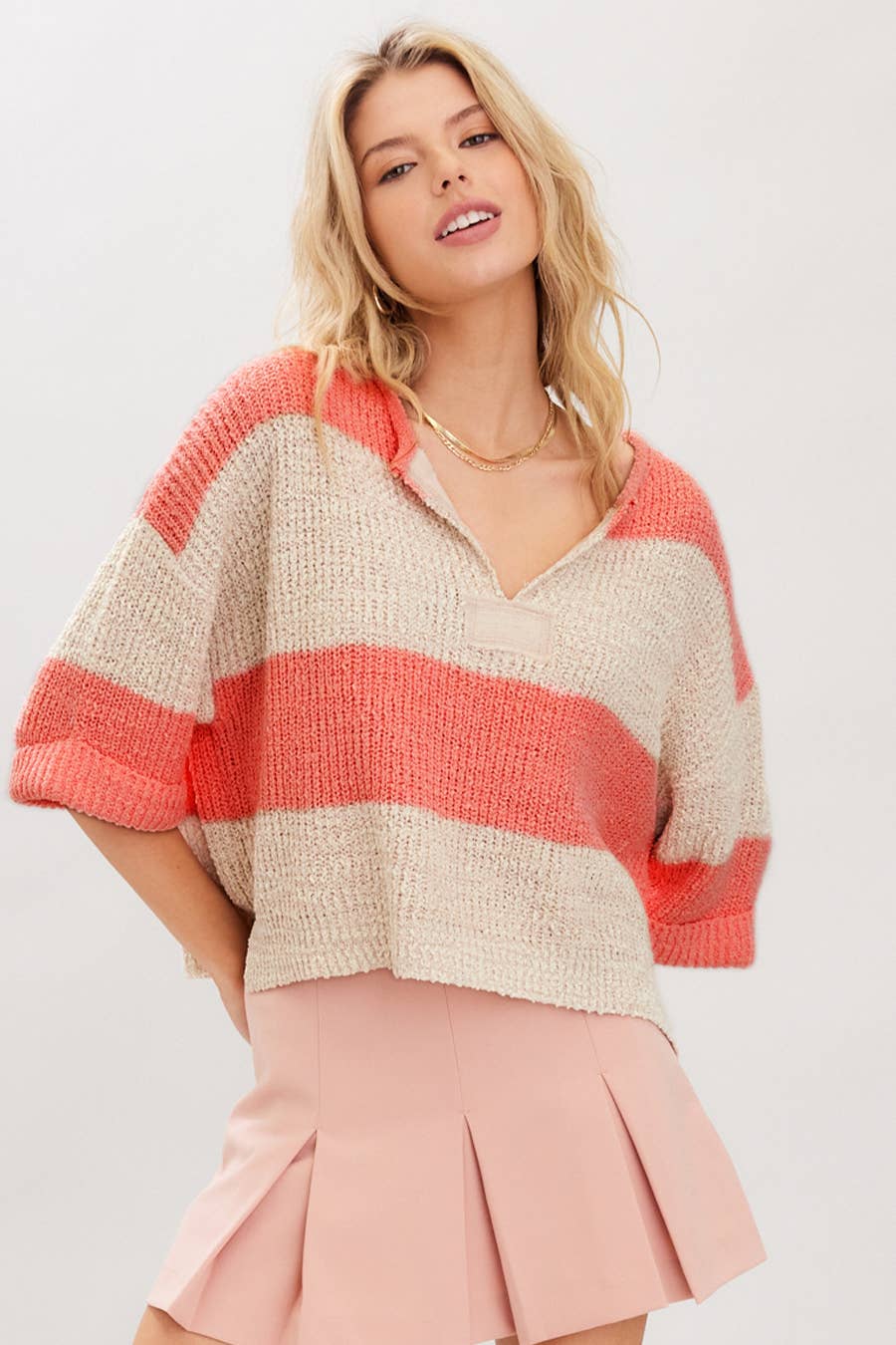 Striped Design Patch Sweater: Bubblegum Oatmeal / S