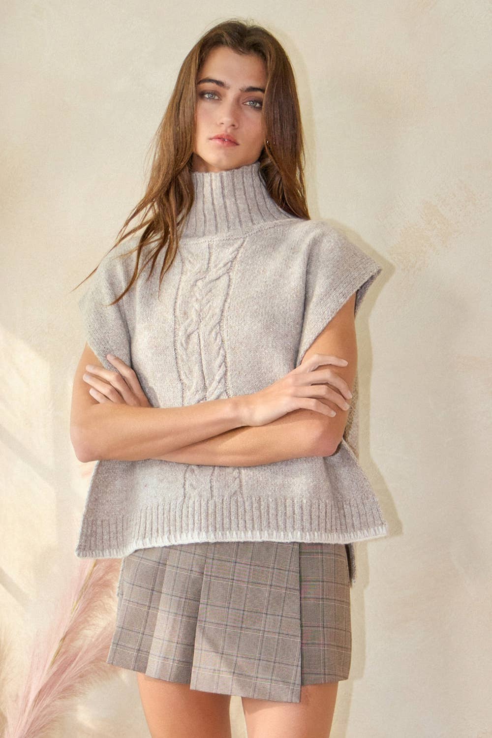 IT2435 Cable Knit Chunky Poncho Sweater Top: TAUPE / S-M-L (2-2-2)