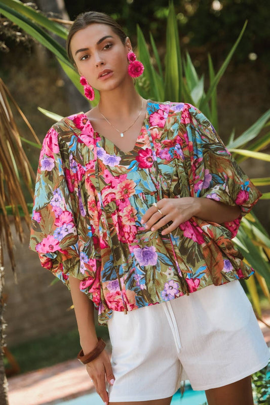 Printed Blouse With Wide Bubble Sleeve: Olive Garden / S