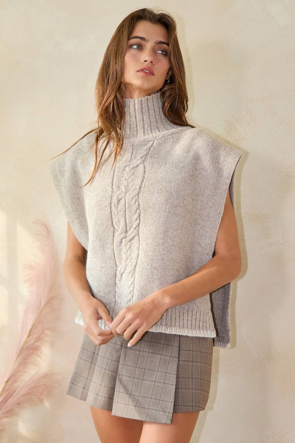 IT2435 Cable Knit Chunky Poncho Sweater Top: TAUPE / S-M-L (2-2-2)