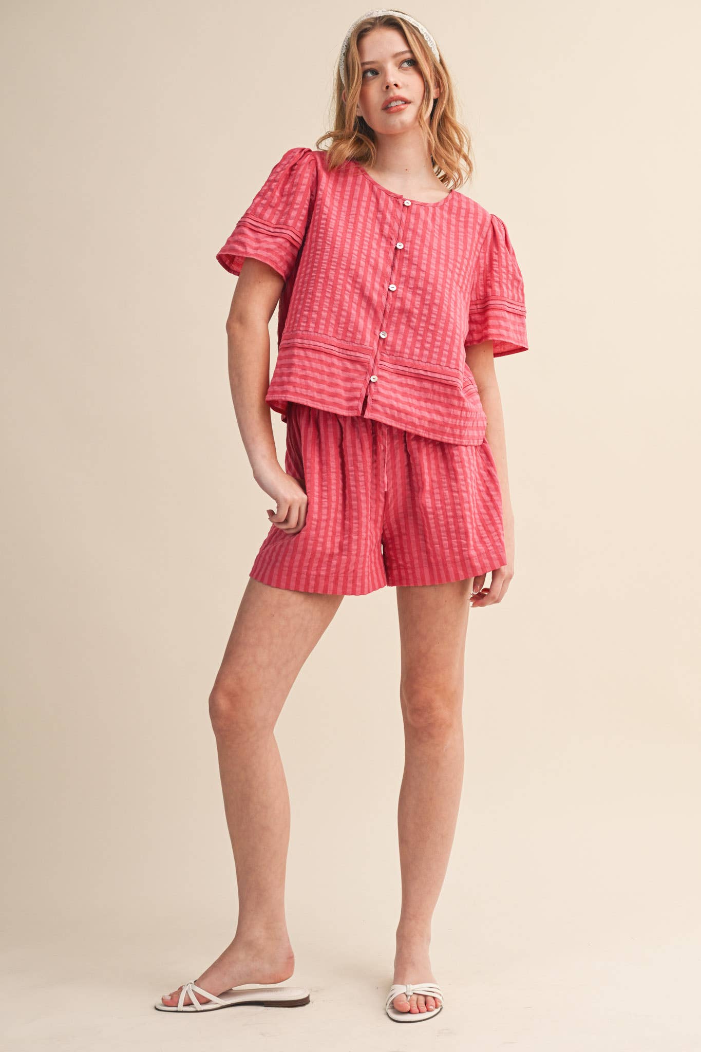 STRIPED BUTTON UP TOP AND SHORTS SET MPST4488: YELLOW PINK STRIPE / L