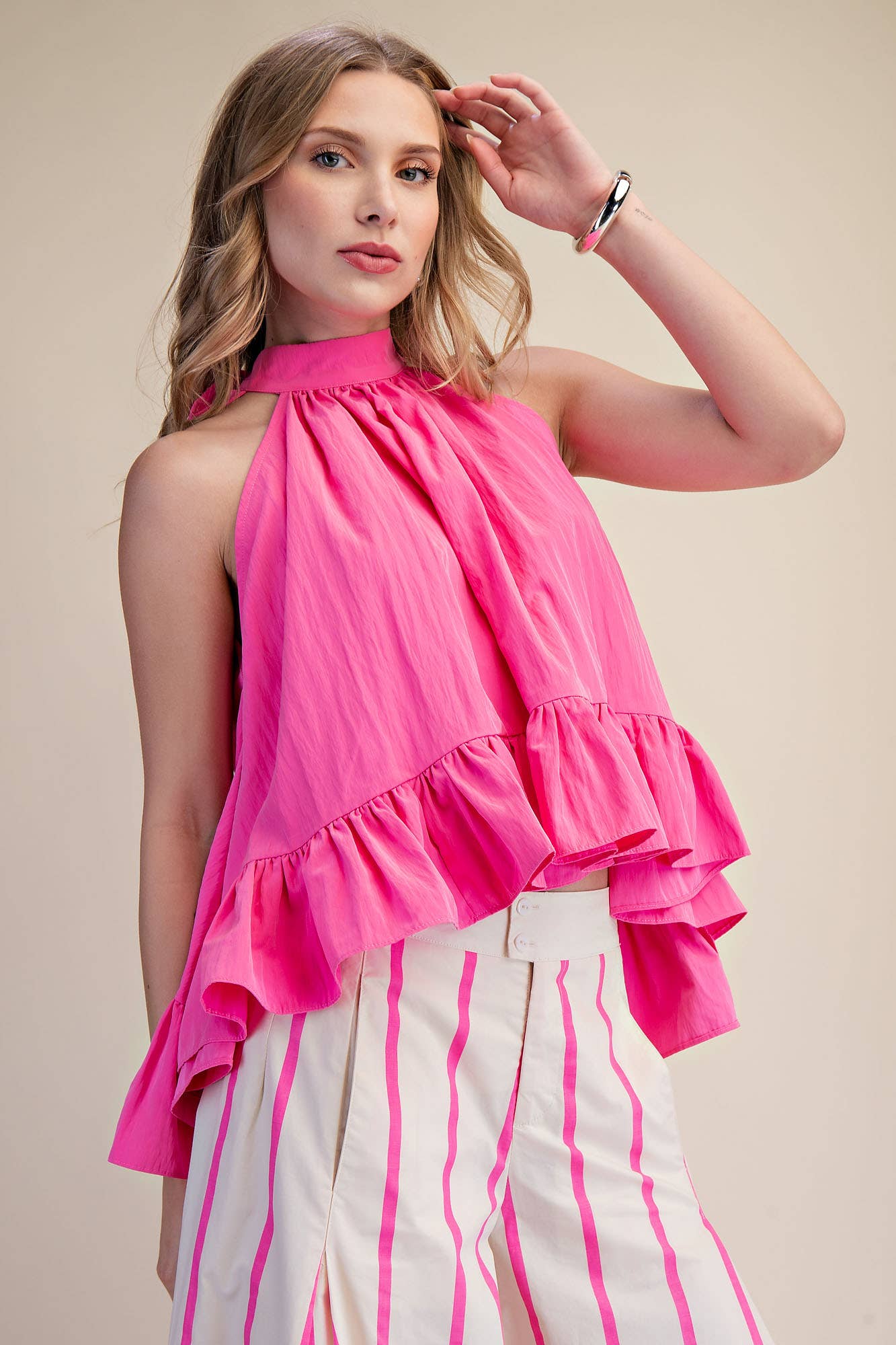 Halter Neck Sleeveless Back Neck Tie Ruffle Top: Hot Pink / S