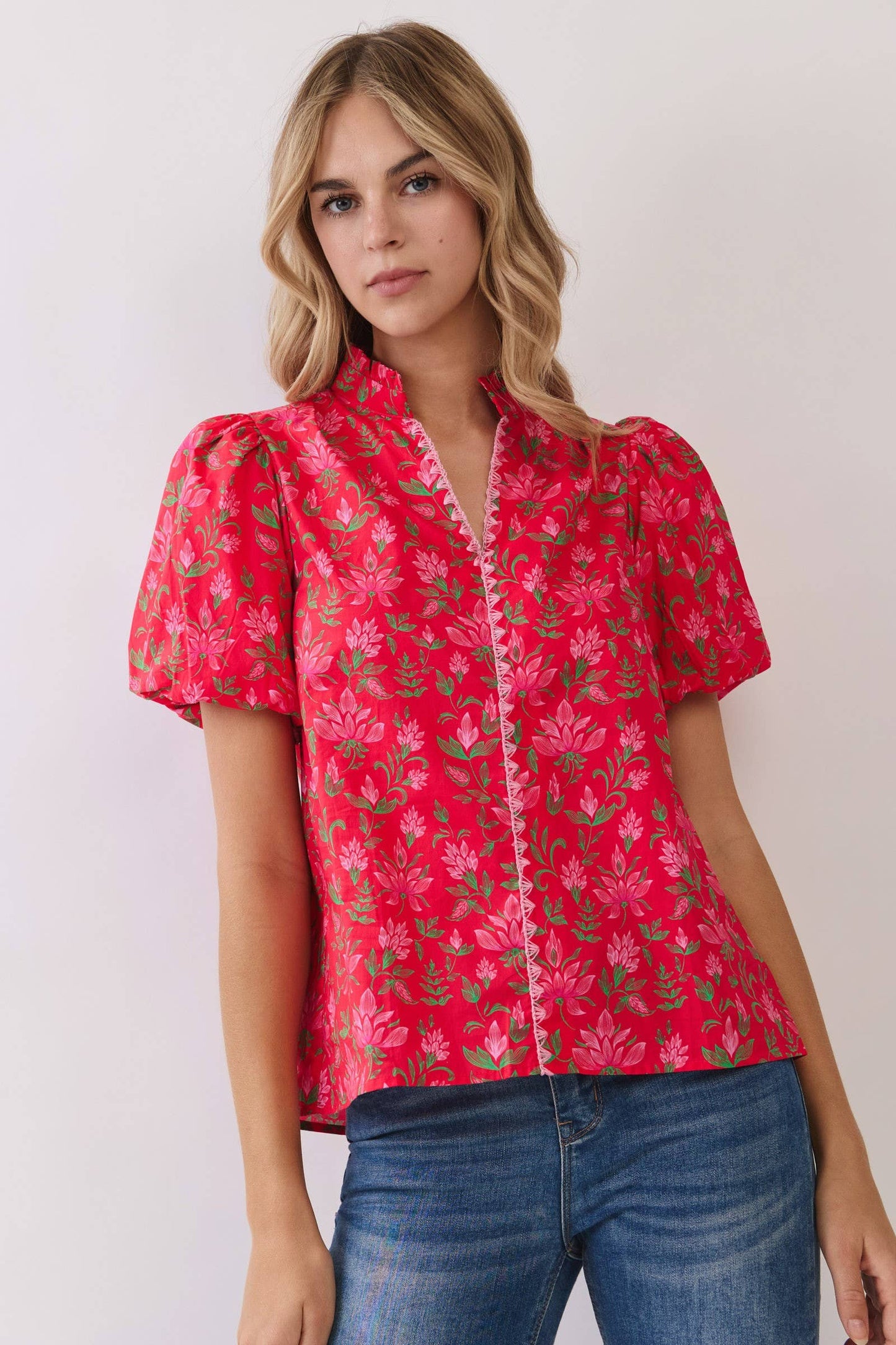 CT10048-Floral Print Puff Sleeve Blouse: RED / S