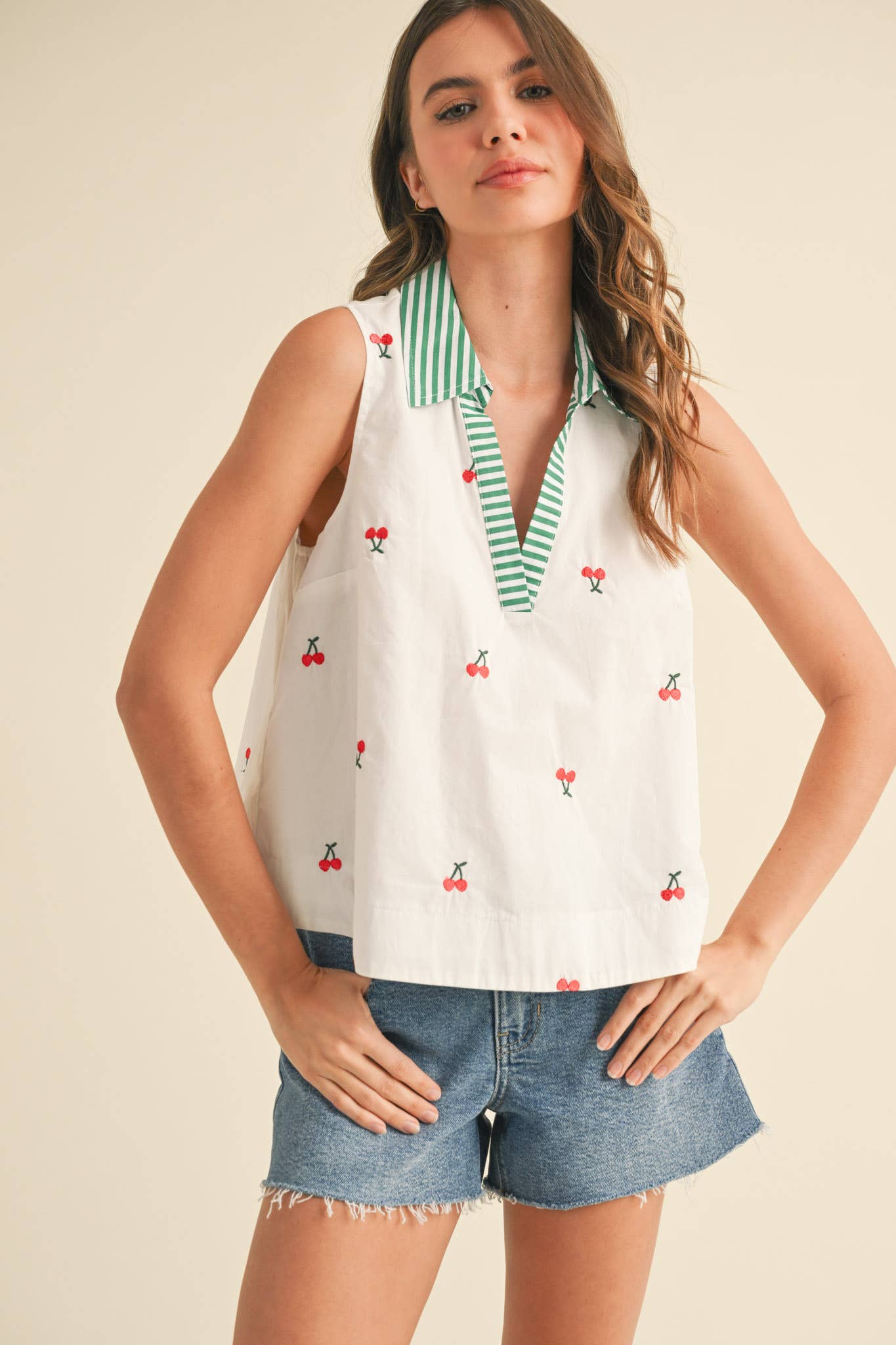 FRUIT EMBROIDERY COLLARED TANK MTP3591: Lemon / L