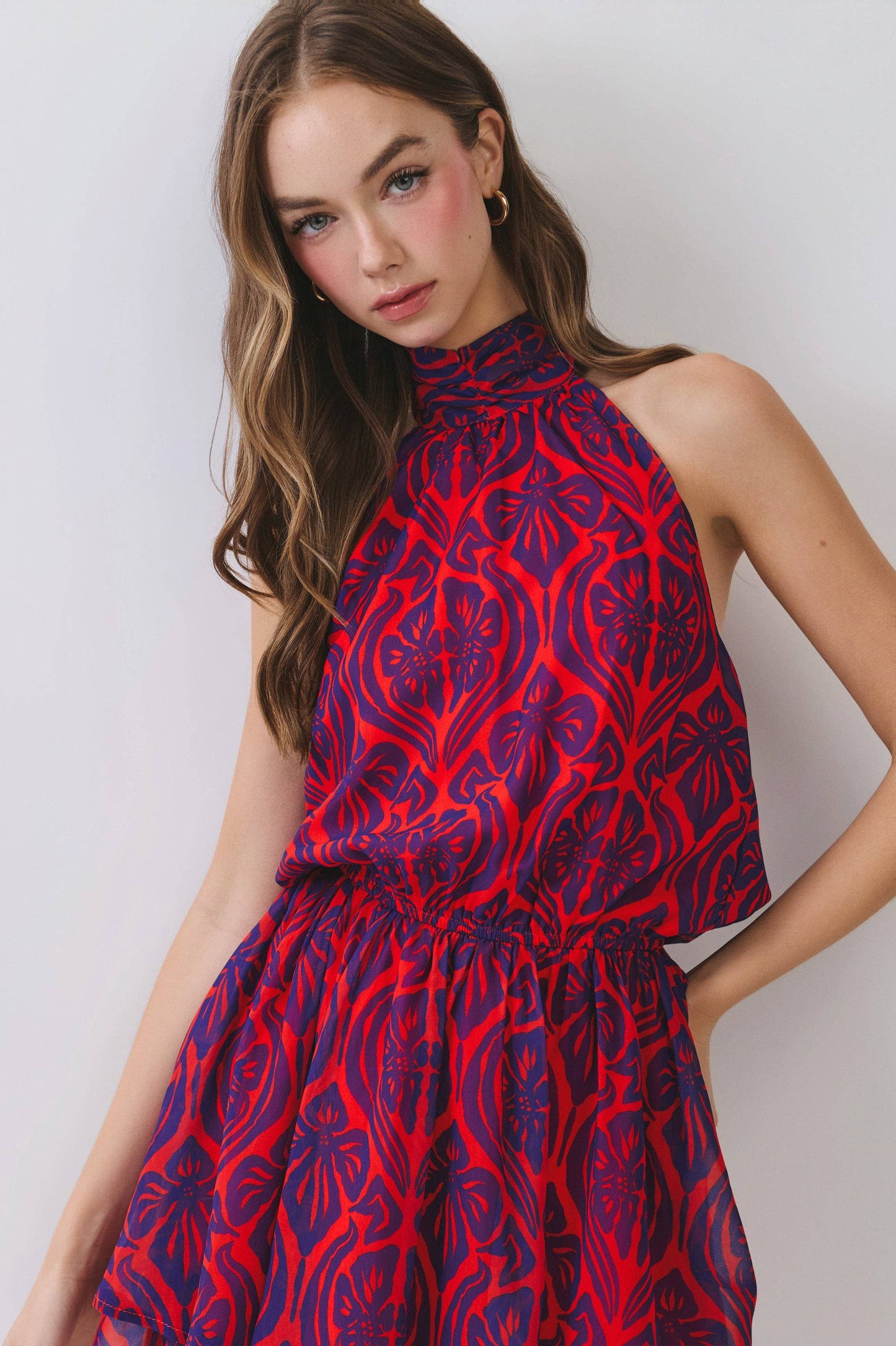 CD07143-Printed Open Back Halter Neck  Mini Dress: Red / M