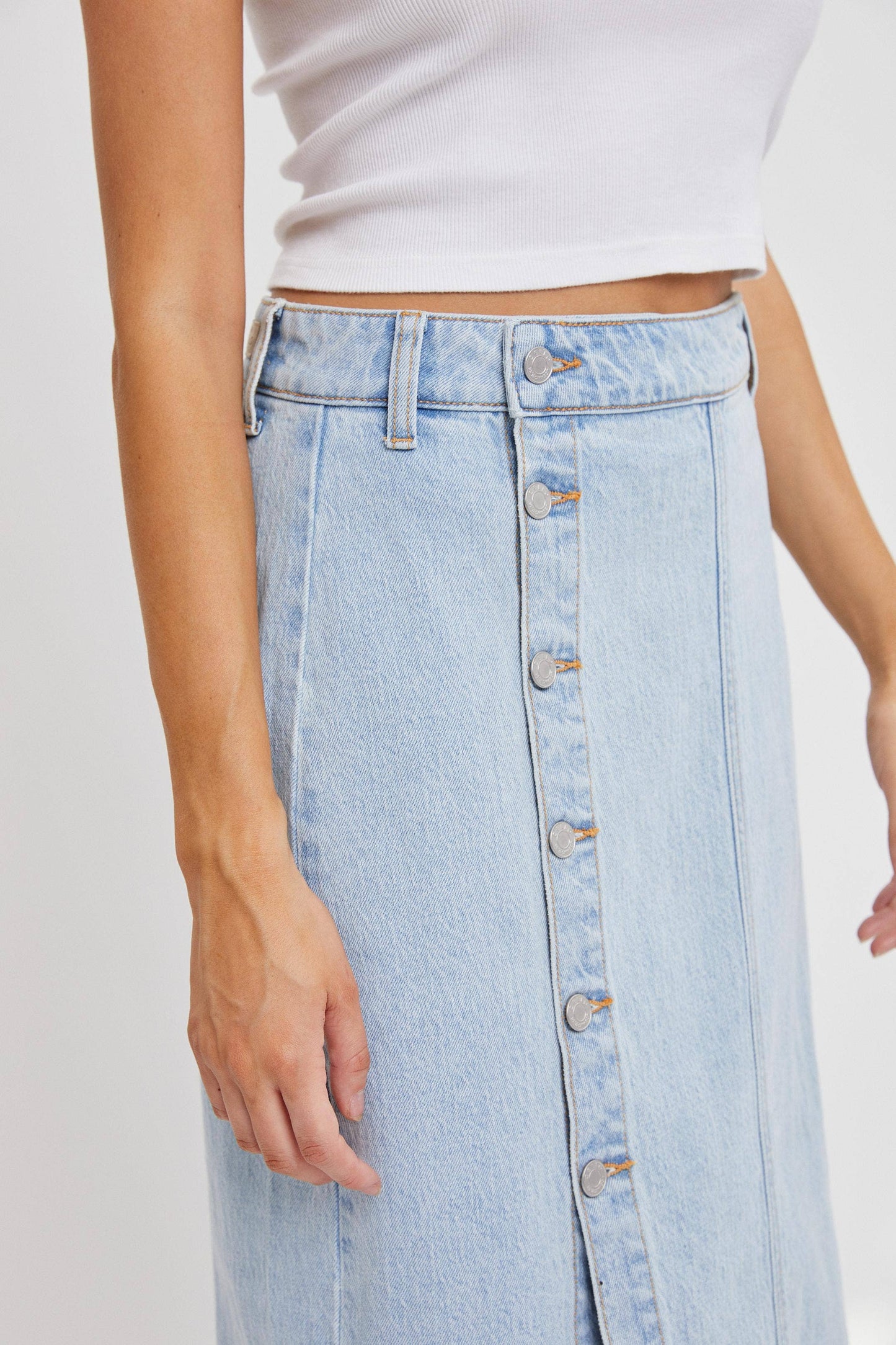 High Rise Denim Midi Skirt with Button Up Slit [WV59181SLT]: XL