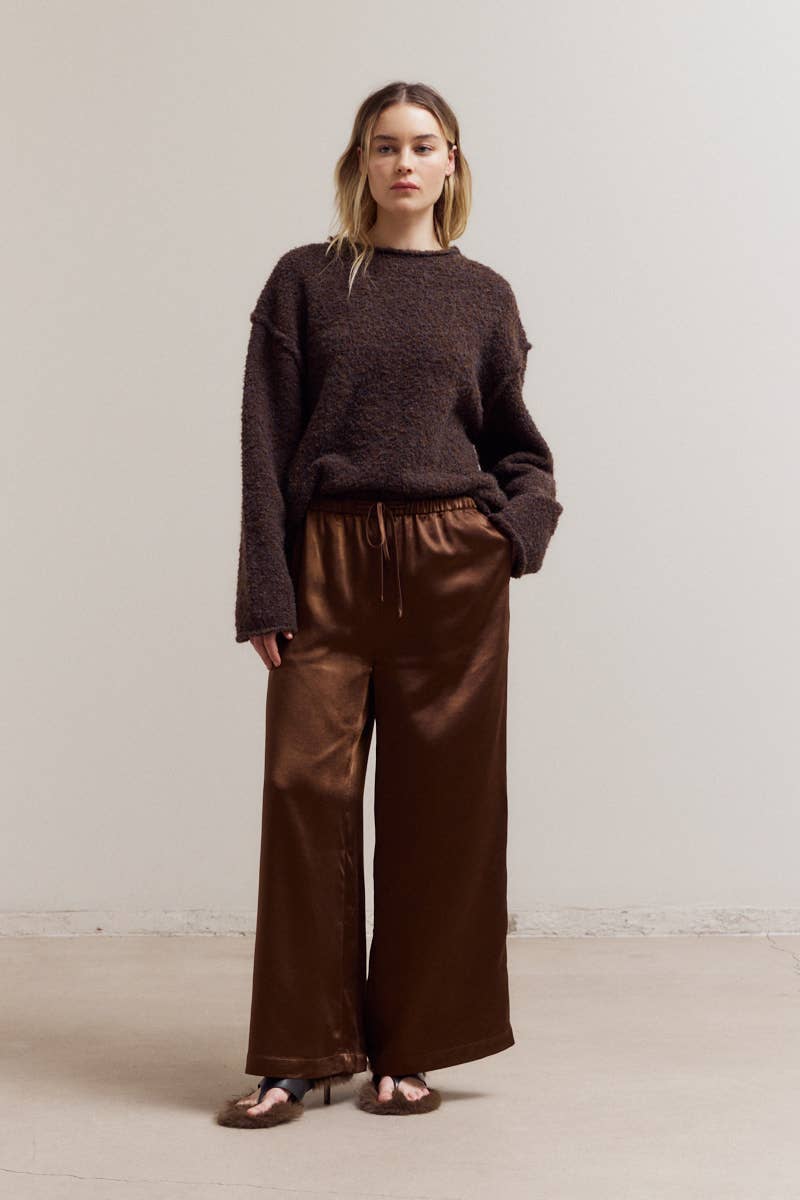 50698 - BANDING WAIST WIDE SATIN PANTS: CREAM / Contemporary / SMALL
