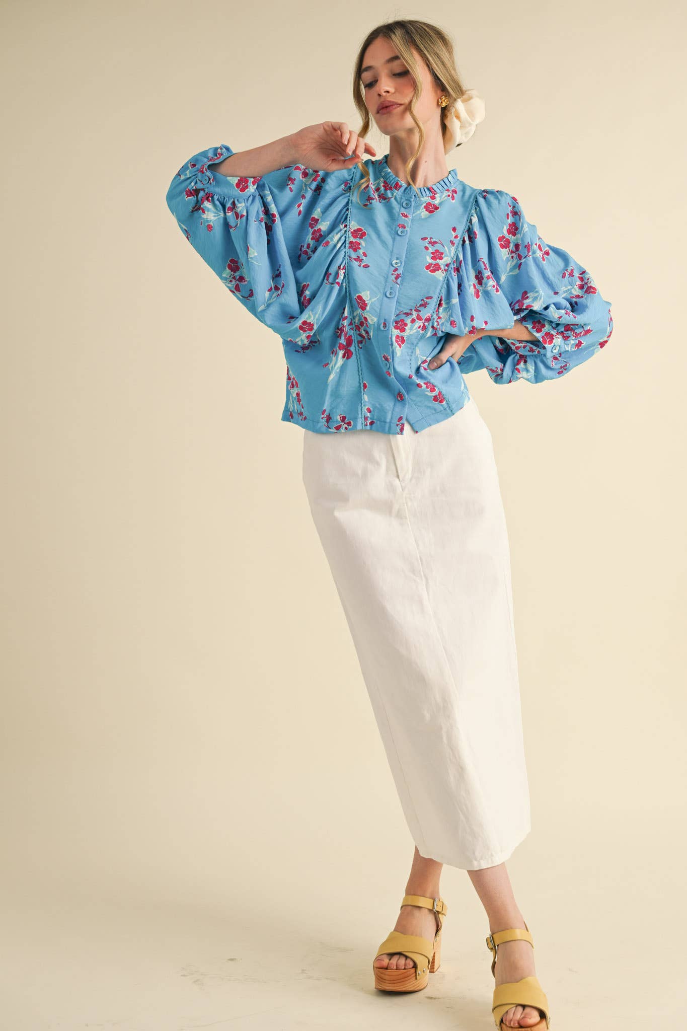 EXCLUSIVE PRINT FLORAL DOLMAN SLEEVE BLOUSE MTP3871: Electric Blue Floral / S