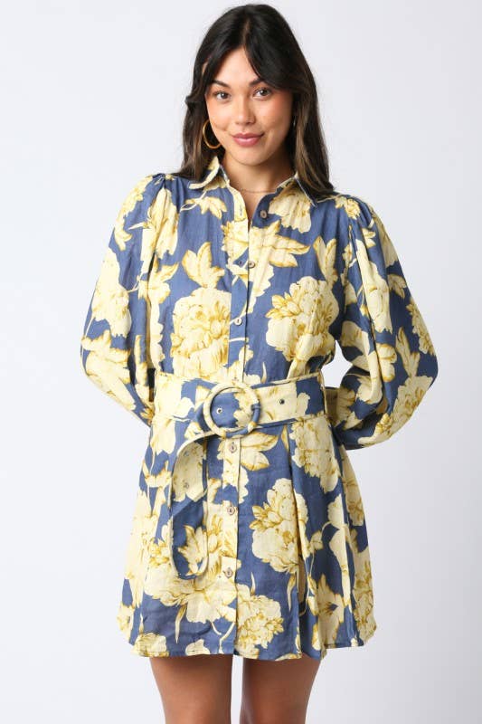 Eve Floral Belted Dress: Denim Gold / S