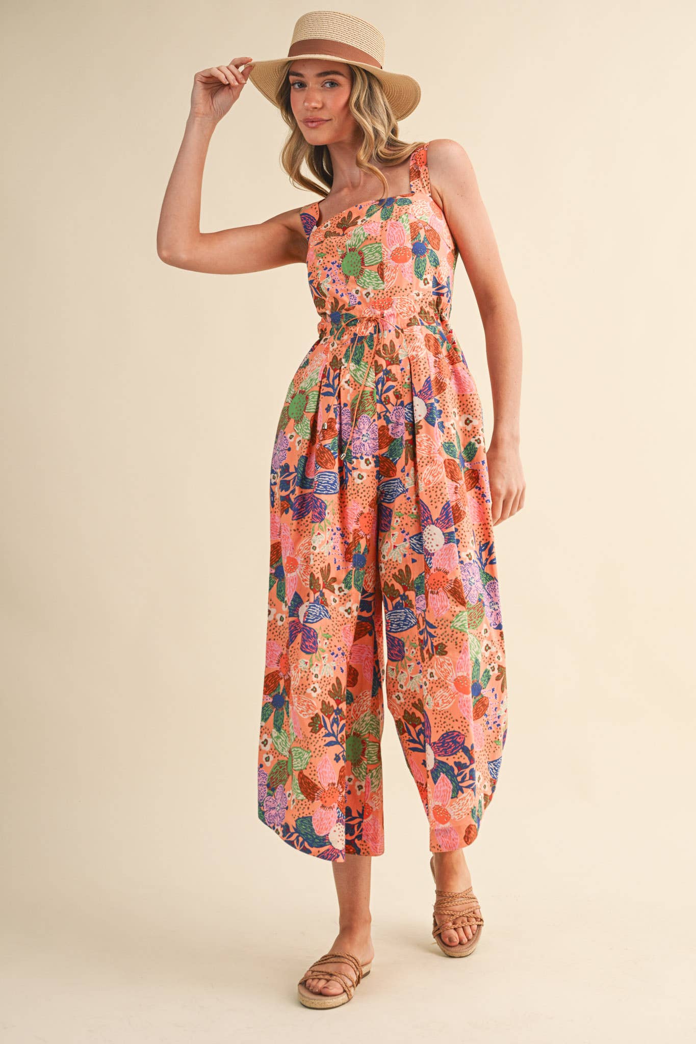 EXCLUSIVE FLORAL PLEATED CROPPED WIDE LEG JUMPSUIT MP4967: CORAL MULTI / S