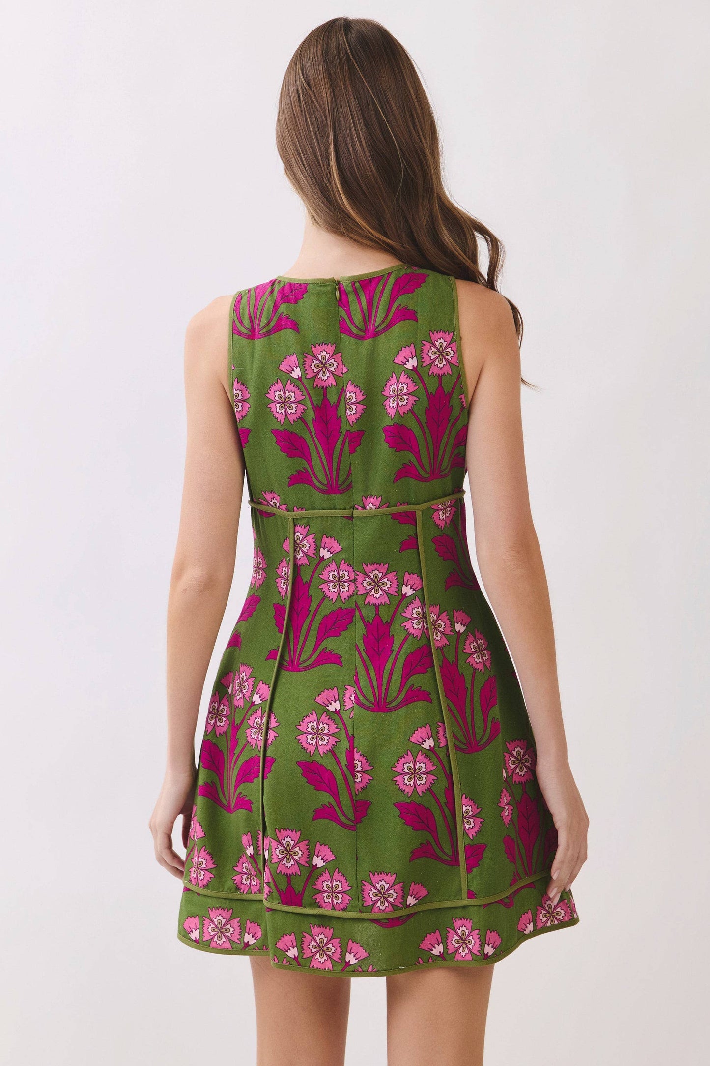 CD07224-Floral Print Decorative Button Front Mini Dress: Green / L