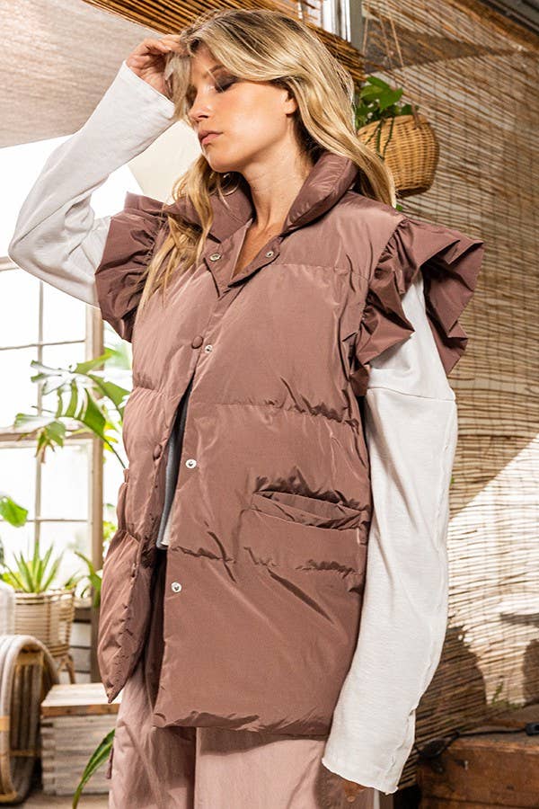 IT1813 Ruffle Sleeve Down Vest: DUSTY PINK / S-M-L (2-2-2)