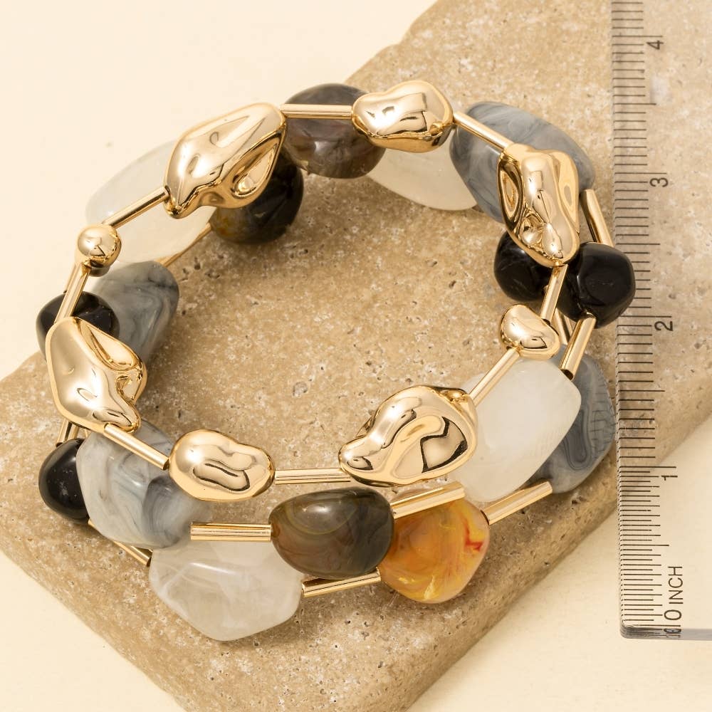 Irregular Metallic And Acrylic Beaded Bracelet Set: GDBRN