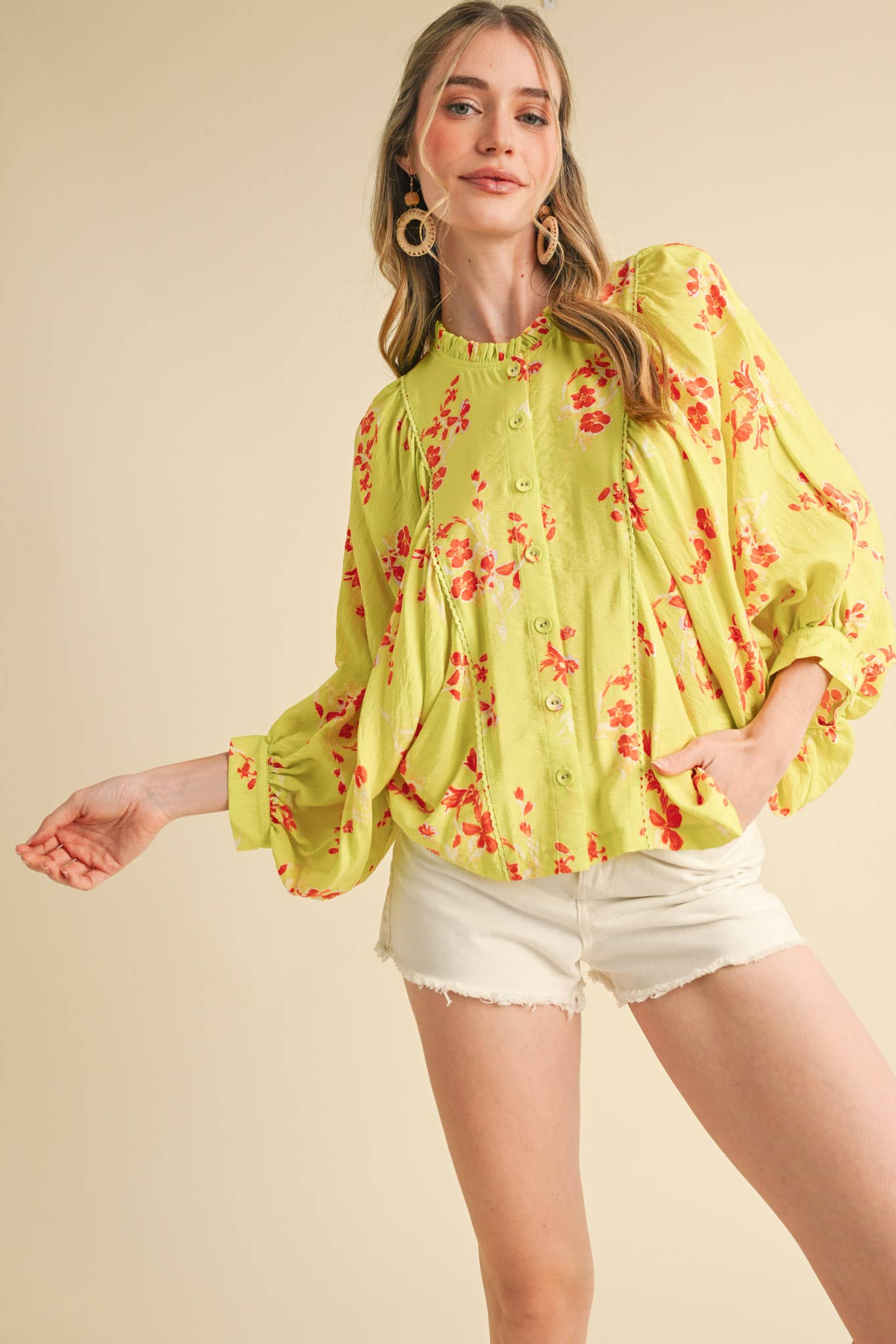 EXCLUSIVE PRINT FLORAL DOLMAN SLEEVE BLOUSE MTP3871: Electric Blue Floral / M