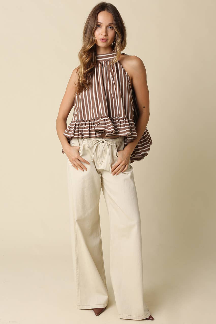 Bea Stripe Halter Ruffle Blouse: Brown / Contemporary / S