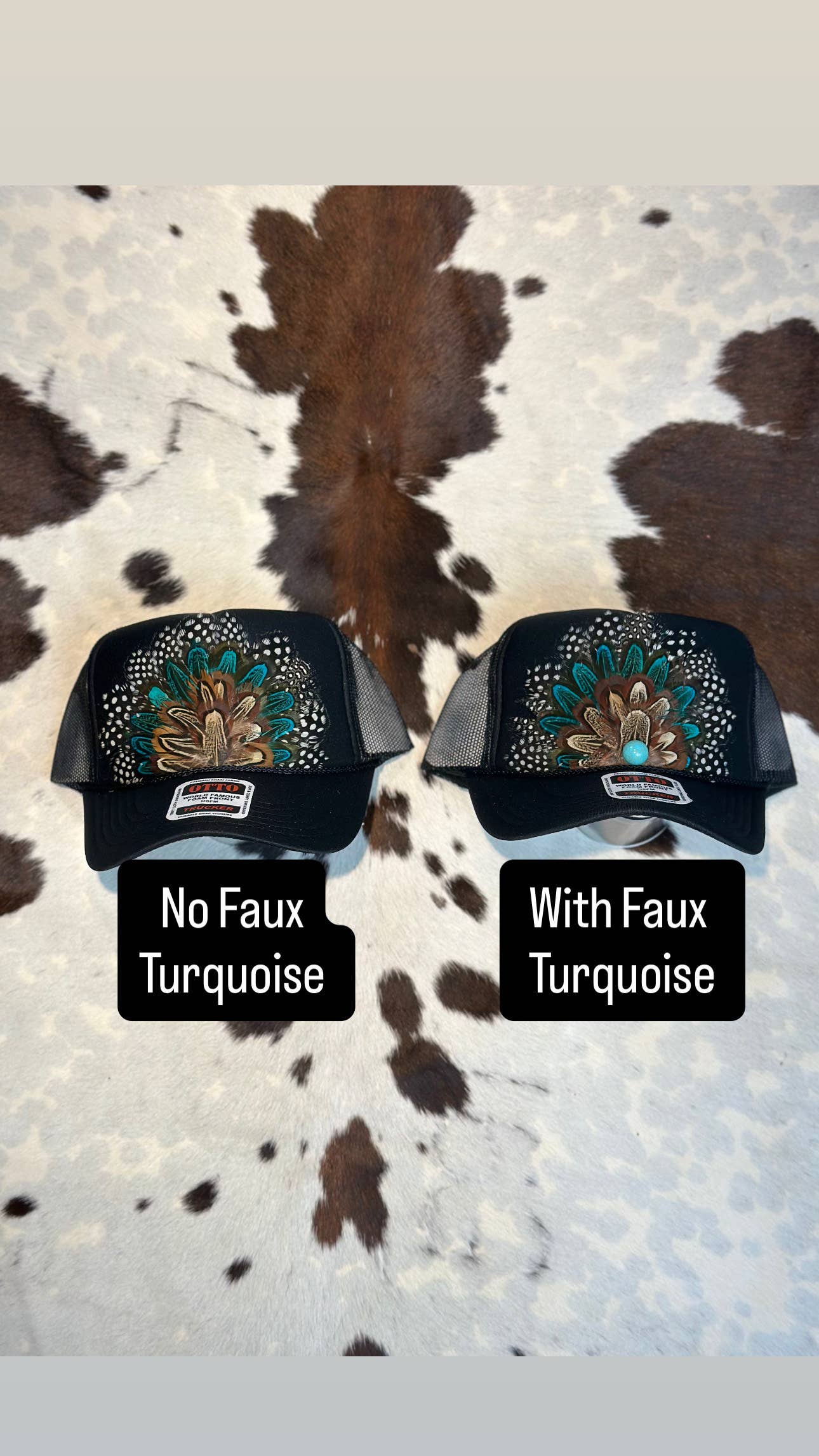 BLACK FEATHER TRUCKER HAT: With Faux Turquoise / Feather 1