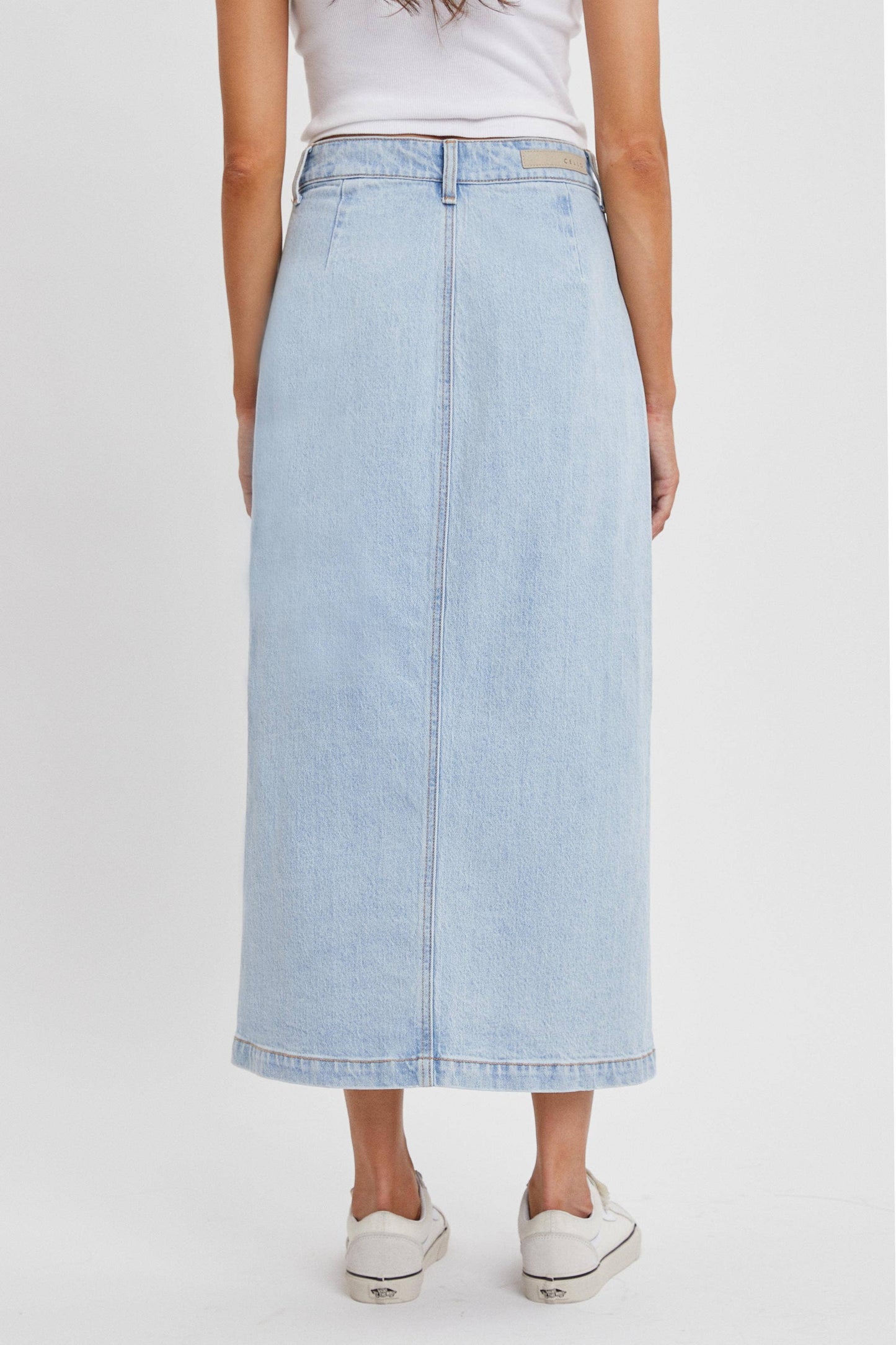 High Rise Denim Midi Skirt with Button Up Slit [WV59181SLT]: M