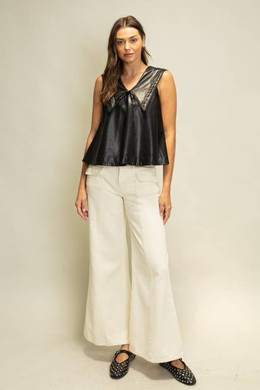 SOT1241 Faux Leather Sailor Collar Top: Black / S-M-L (2-2-2)