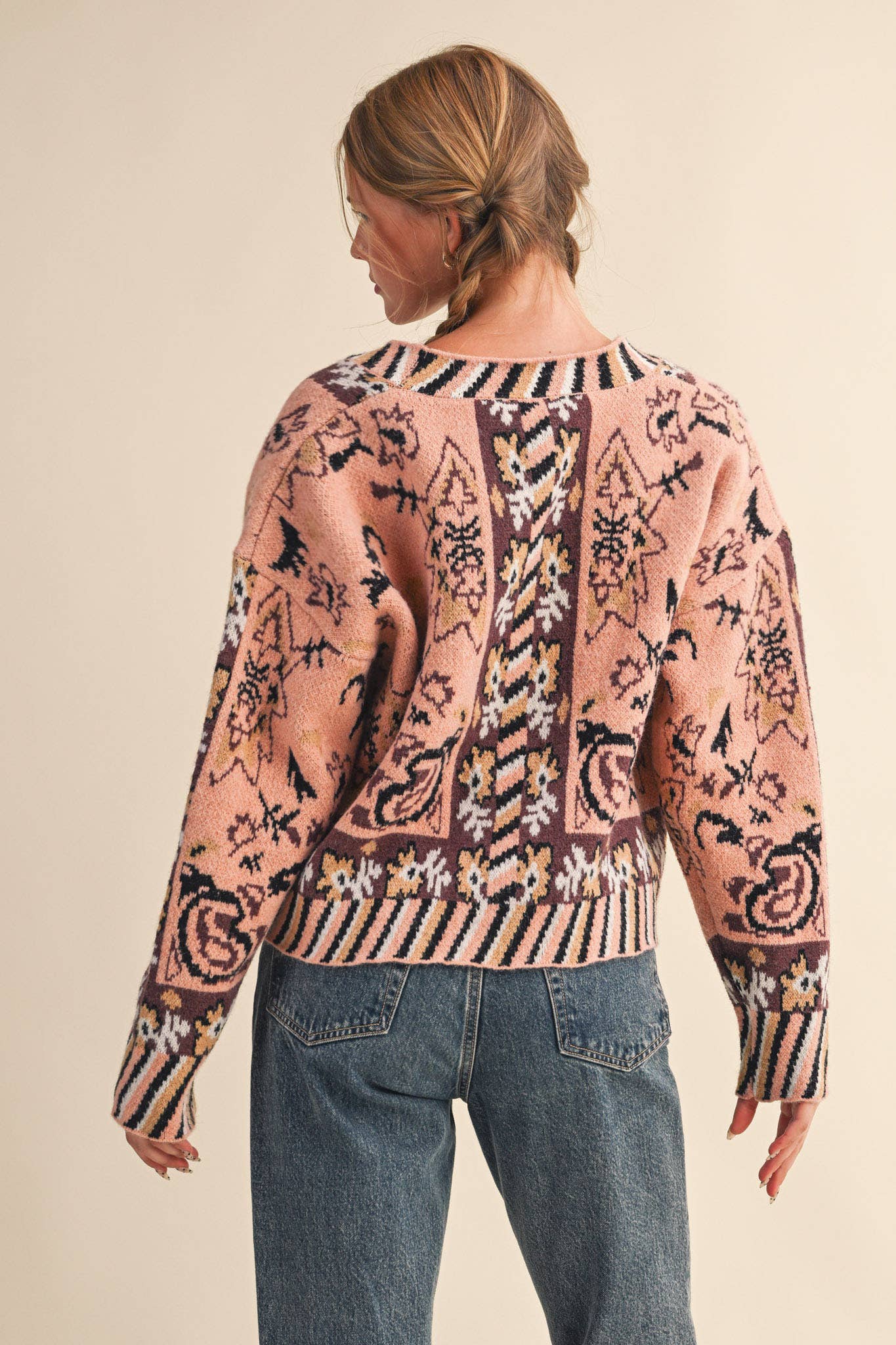 PAISLEY KNIT SWEATER CARDIGAN MSW11102: Ivory Coral Multi / M