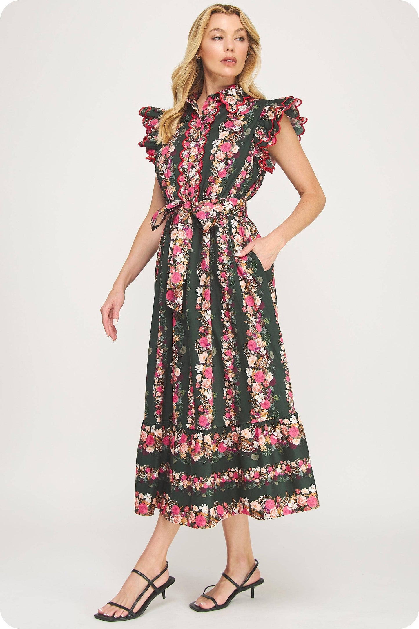 Ruffle Scallop Embroidery Floral Midi Dress: Deep Green/pink Multi / M