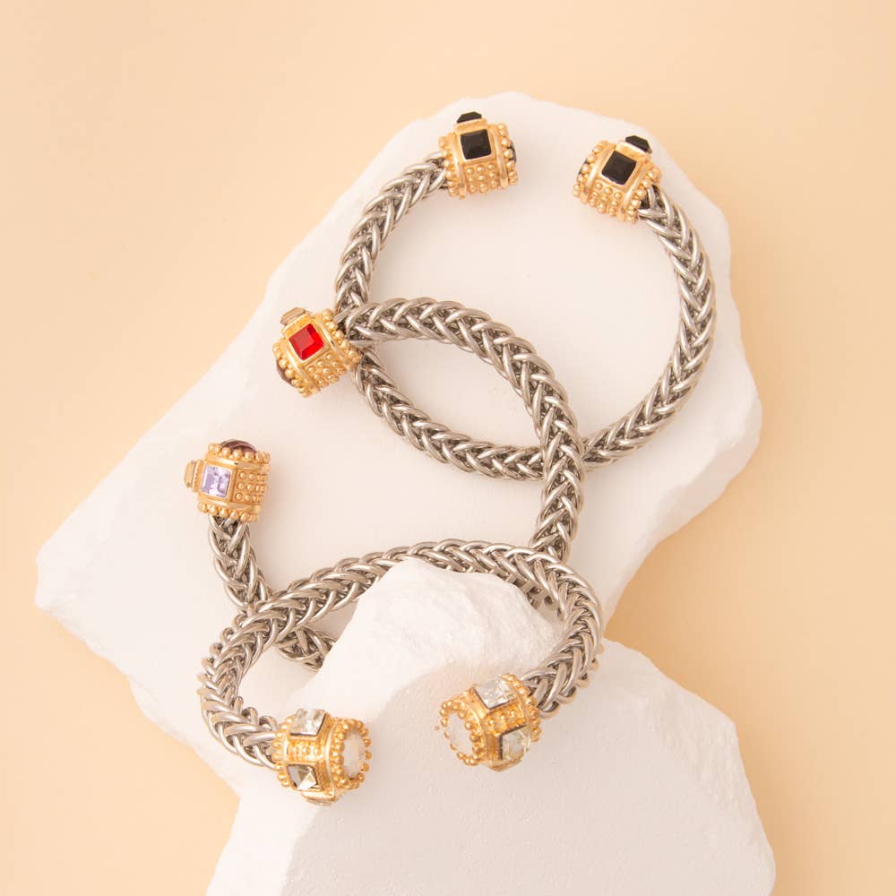 Twisted Metal Cuff Bracelet with Gold Tone Crystal Cap Ends: Black Gold