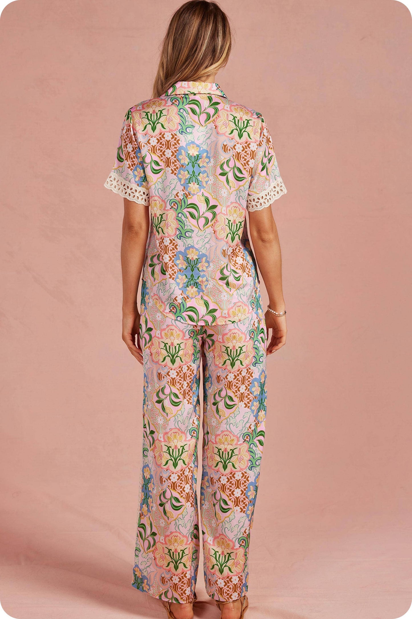 Garden Party Crochet Contrast Trim Satin Shirt: Multi / L