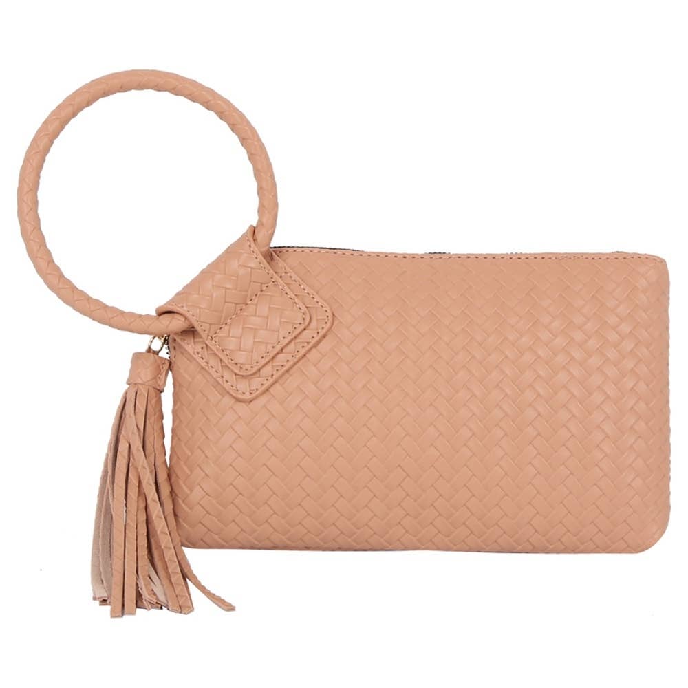 Faux Leather Woven Fringe Cuff Handle Clutch Bag: LST