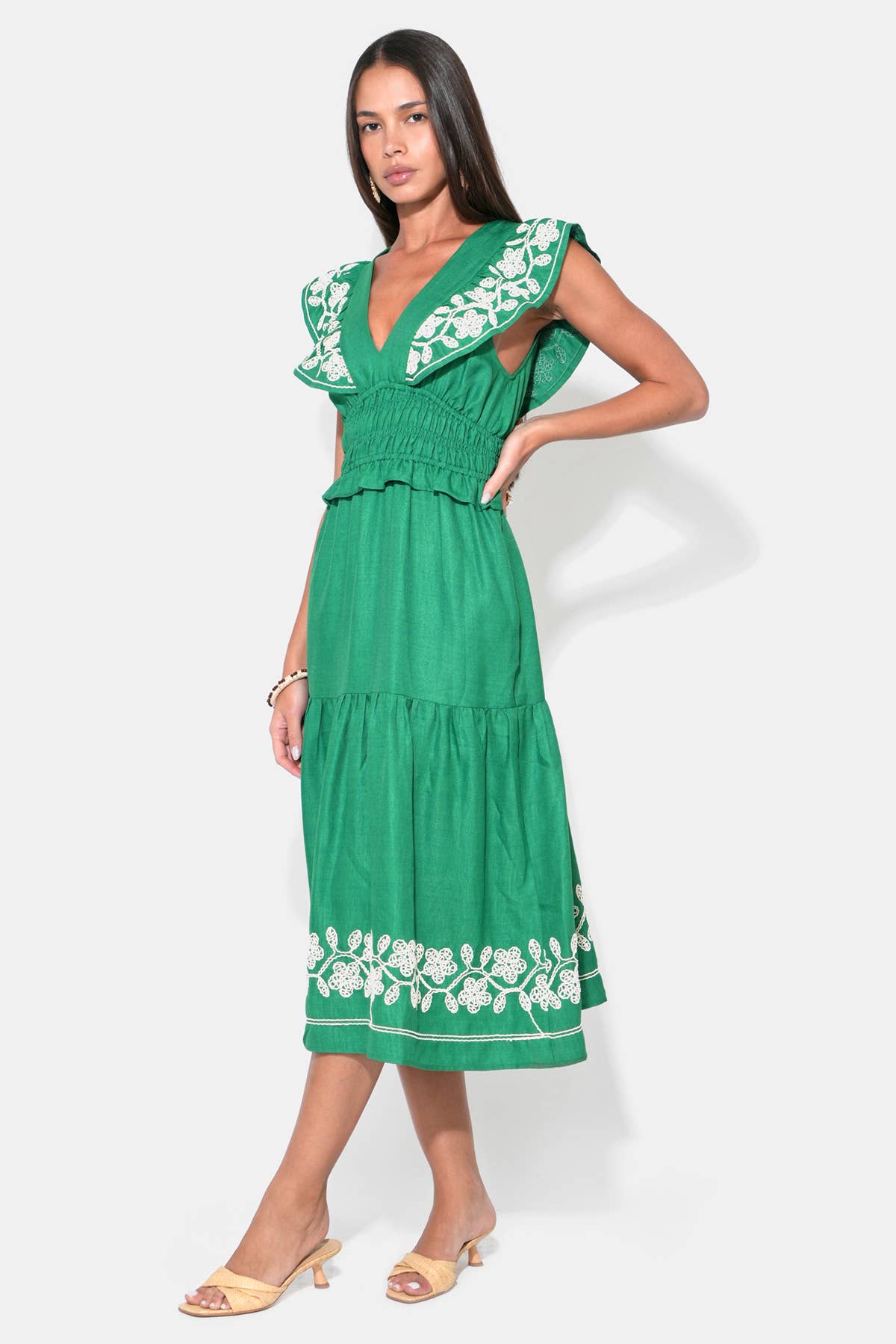 Amaya Ruffle Embroidery Midi Dress: Green/Natural / L