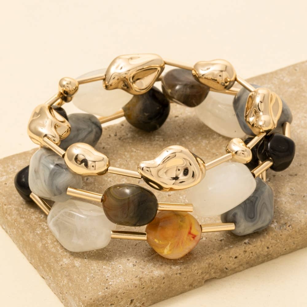 Irregular Metallic And Acrylic Beaded Bracelet Set: GDBRN