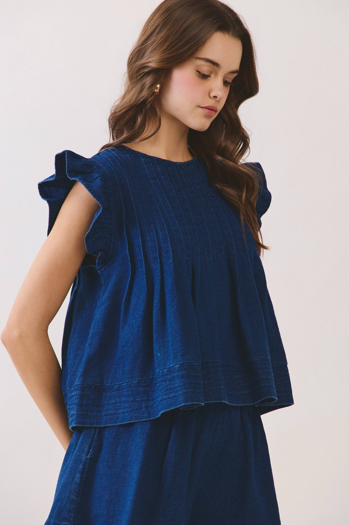 CT9811-Denim Ruffle Sleeve Pleated Detail Top: DENIM / S