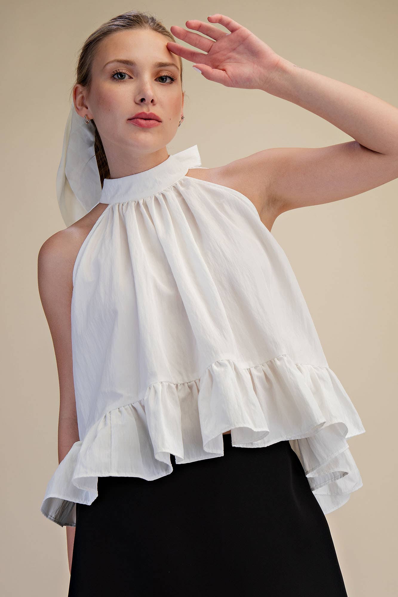 Halter Neck Sleeveless Back Neck Tie Ruffle Top: Hot Pink / L